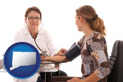 connecticut map icon and a female nurse practitioner checking a patient's blood pressure