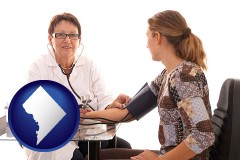 washington-dc map icon and a female nurse practitioner checking a patient's blood pressure