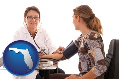 florida map icon and a female nurse practitioner checking a patient's blood pressure