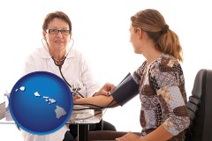 hawaii map icon and a female nurse practitioner checking a patient's blood pressure