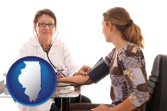 illinois map icon and a female nurse practitioner checking a patient's blood pressure