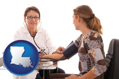 louisiana map icon and a female nurse practitioner checking a patient's blood pressure