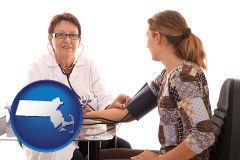 massachusetts map icon and a female nurse practitioner checking a patient's blood pressure