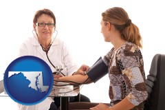 maryland map icon and a female nurse practitioner checking a patient's blood pressure