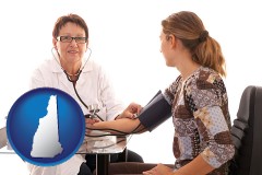 new-hampshire map icon and a female nurse practitioner checking a patient's blood pressure