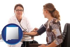 new-mexico map icon and a female nurse practitioner checking a patient's blood pressure