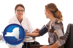 new-york map icon and a female nurse practitioner checking a patient's blood pressure