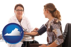 virginia map icon and a female nurse practitioner checking a patient's blood pressure