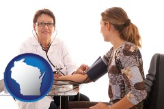 wisconsin map icon and a female nurse practitioner checking a patient's blood pressure