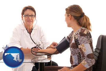 a female nurse practitioner checking a patient's blood pressure - with Maryland icon
