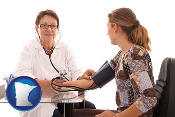 a female nurse practitioner checking a patient's blood pressure - with Minnesota icon