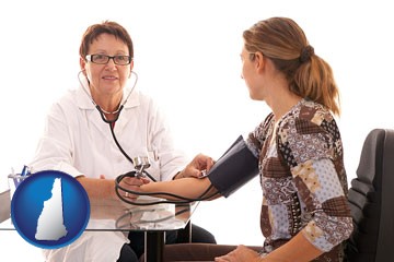a female nurse practitioner checking a patient's blood pressure - with New Hampshire icon