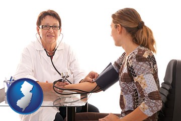 a female nurse practitioner checking a patient's blood pressure - with New Jersey icon