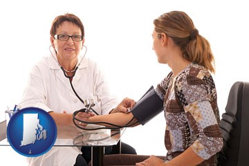 a female nurse practitioner checking a patient's blood pressure - with Rhode Island icon