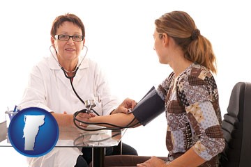 a female nurse practitioner checking a patient's blood pressure - with Vermont icon