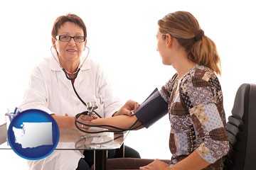 a female nurse practitioner checking a patient's blood pressure - with Washington icon